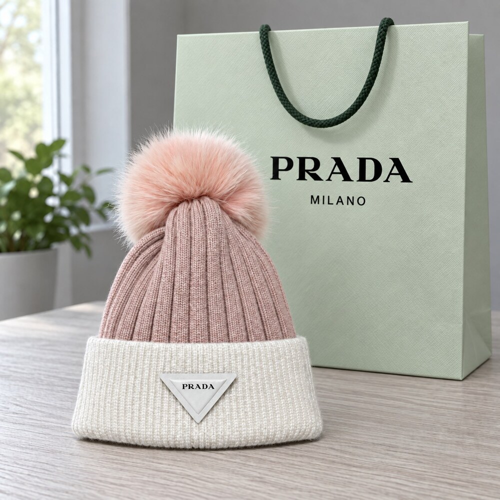 Prada Pink White Pom Pom Knit Beanie